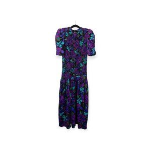 Vintage 1980s Floral Puff Sleeve Dress ACT 1 Made In USA Purple